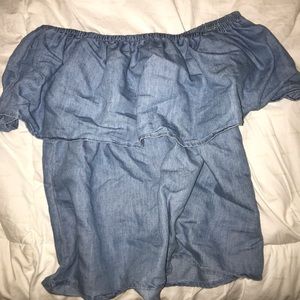 Off the shoulder blue shirt
